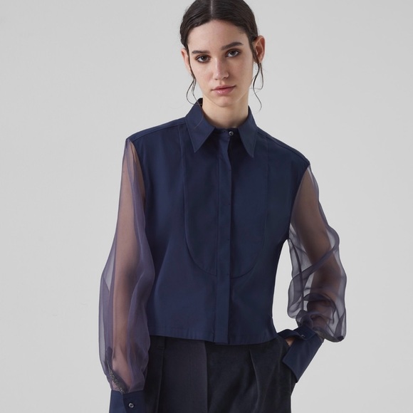 Brunello Cucinelli Tops - Brunello Cucinelli Navy Sheer Sleeve Blouse size XS